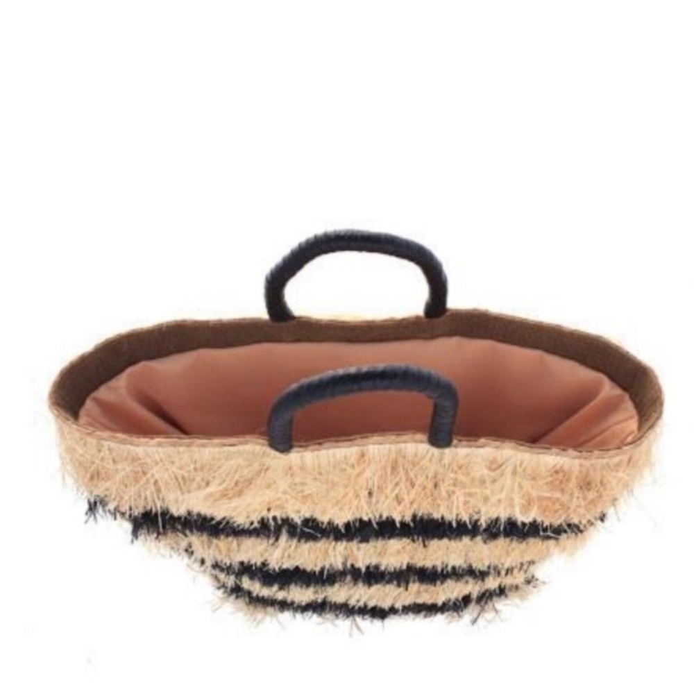 KAYU PIÑATA FRINGE STRAW TOTE BLACK AND TAN LEATHER HANDLE - Picture 3 of 15